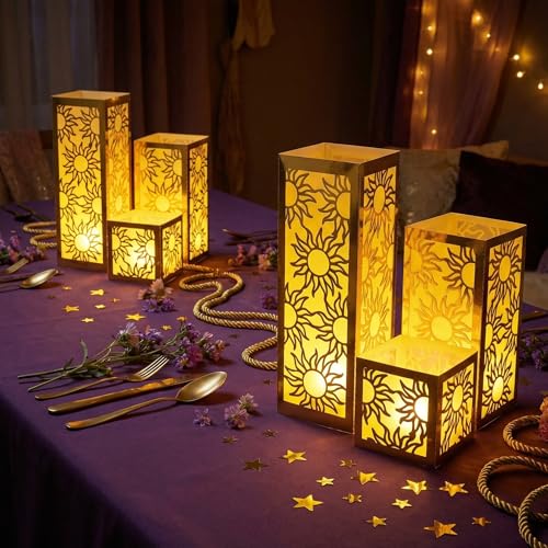Image of Rossesay 24 Pcs Princess Sun Centerpieces for Table Decorations 3 Size Purple Princess Birthday Paper Lantern Boxes with Tea Lights Candles Table Ideas Decorations for Sun Birthday Party