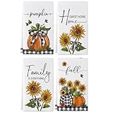 Fall Kitchen Towels 18x26 Inch Set of 4, Buffalo Plaid Sunflower Pumpkin Fall Dish Towels Seasonal Autumn Thanksgiving Home Kitchen Decor