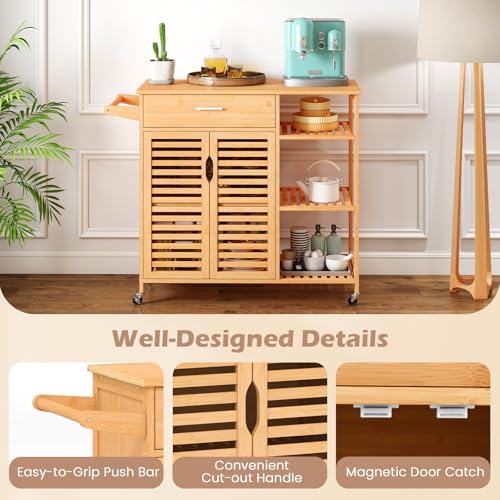 TANGZON Rolling Bamboo Kitchen Island on Wheels with 2-Door Cabinet, Drawer, Open Shelves & Towel Rack - Versatile Serving Trolley for Home Dining - Image 5