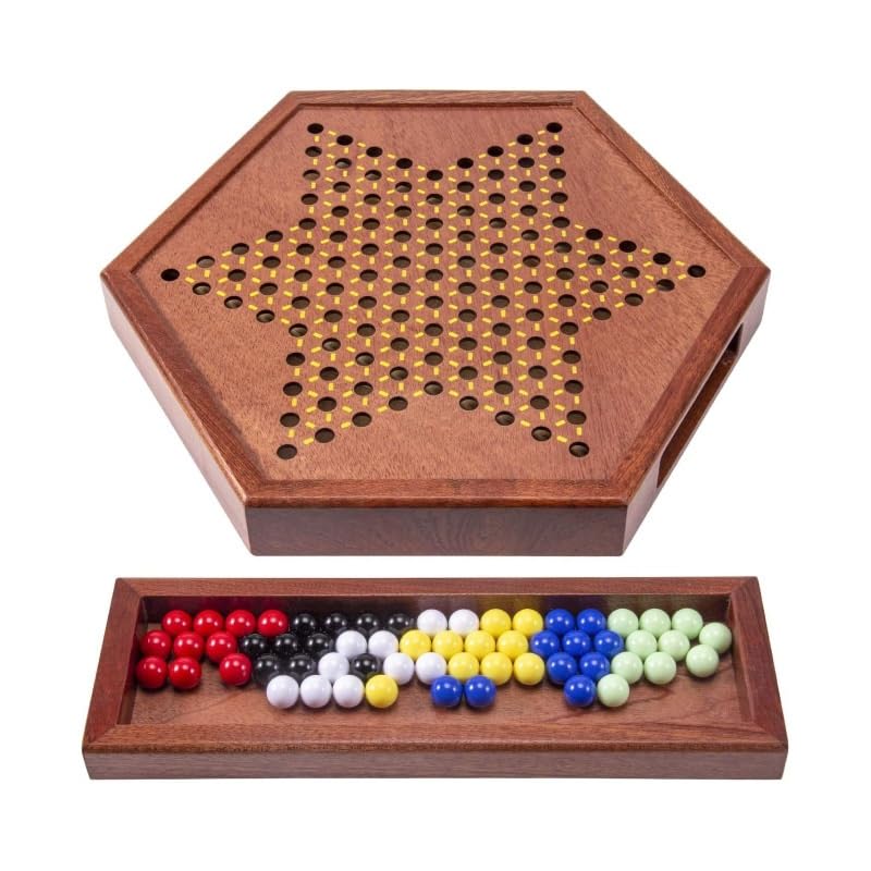 schachspiel Chinesisches Dame-Brettspiel aus Holz mit 72 farbigen, blütenförmigen Glasmurmeln (16 mm), klassisches Strategiespiel(Agate Brown,36cm)