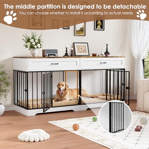 Hundekäfig für Zuhause, Hundebox Indoor für 2 Hunde Extra groß Hundekäfig Möbel XXL Stabile Hundehütte mit Trennwand & 2 Schubladen Moderne Hundehaus Indoor 4 Türen für große Hunde, Bis zu 100KG
