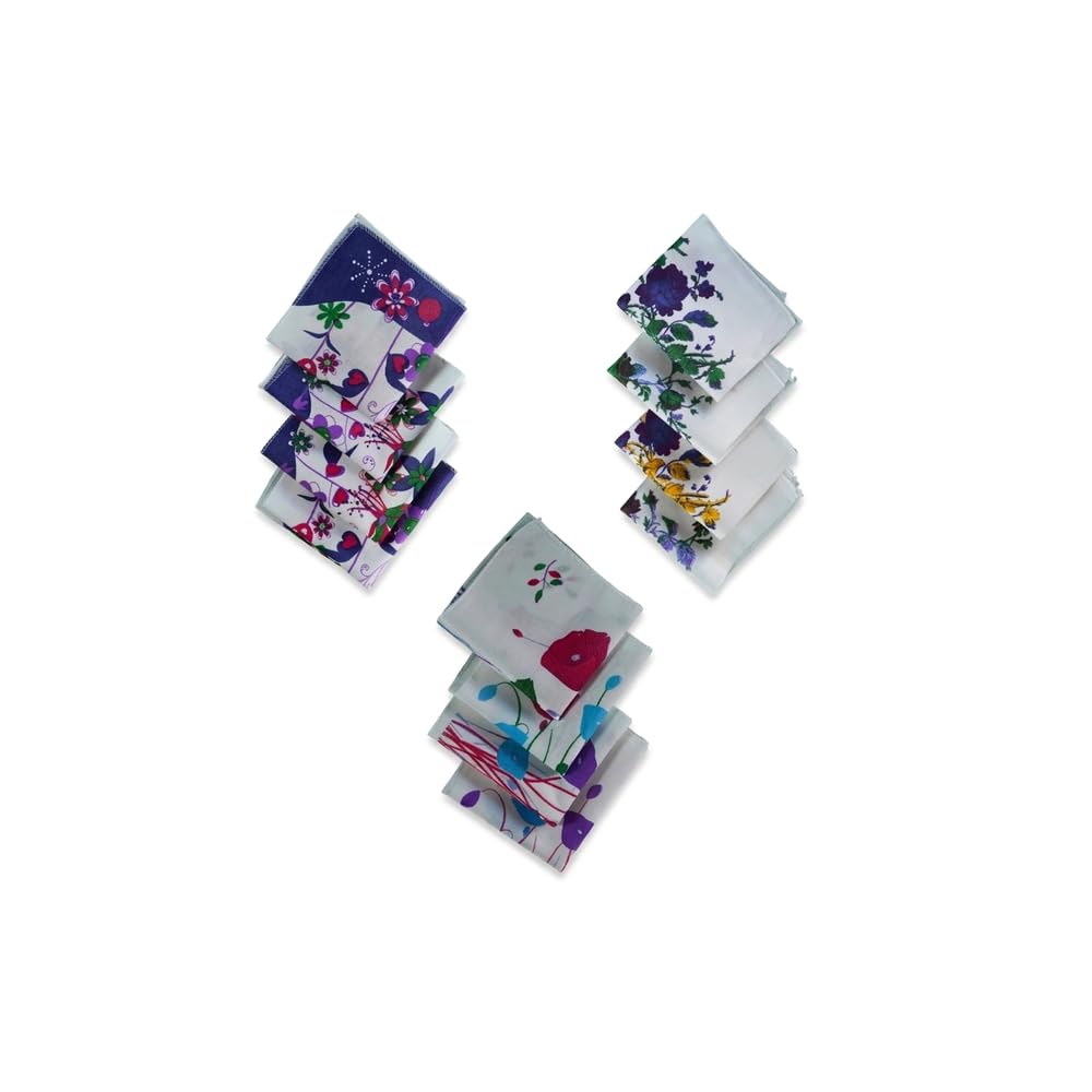 Olyra 100% Cotton Ladies & Girls Handkerchiefs Pack of 12 | Soft, Absorbent & Reusable Hankies | Daily Use Pocket Handkerchief for Women & Kids (Multicolor/White, 30x30 cm)-image-34