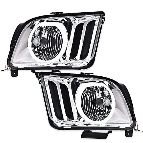 PIT66 Headlight, Compatible with 2005-2009 Ford Mustang Headlamp Driver & Passenger Side, Clear Lens Chrome Housing