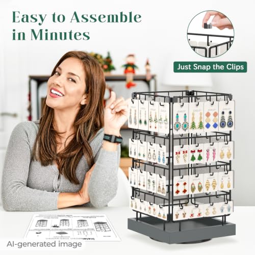 Image of EsLuker.ly Rotating Earring Display Holder Stand for Vendors Events Selling, Large Capacity 64 Hooks Jewelry Rack with Wooden Base for Earring Card Sales, Enhances Retail Visibility(Dark Grey)