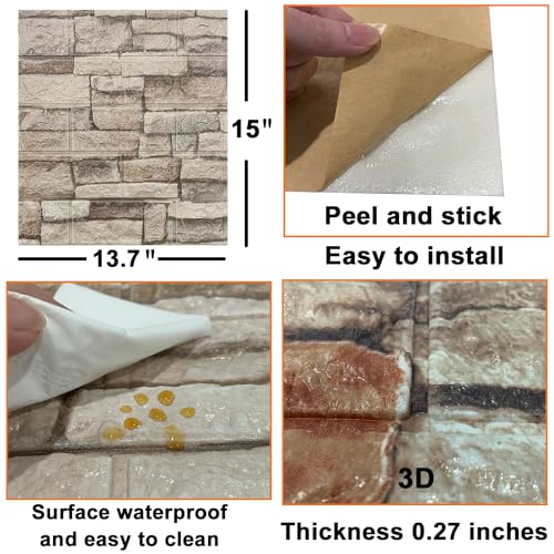Yutianli 10PSC 3D Wall Panels Peel and Stick Faux Brick Wall Panels Self-Adhesive 3D Brick Wallpaper Foam Stone Wall Panel