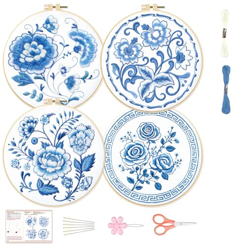 Image of BEUNITONE 4 Set Embroidery Kit for Beginners, Blue Flower Cross Stitch Kits, Needlepoint Kits for Adults with Instructions and Full Kit, Classical Hand Embroidery Patterns for Cloth and Home Decor