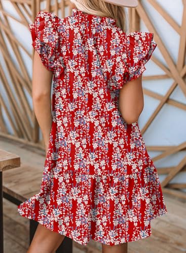 Image of Dokotoo Womens Summer Dresses 2026 V-Neck Drawstring Ruffle Cap Short Sleeve Side Pockets Mini Dress Sundress