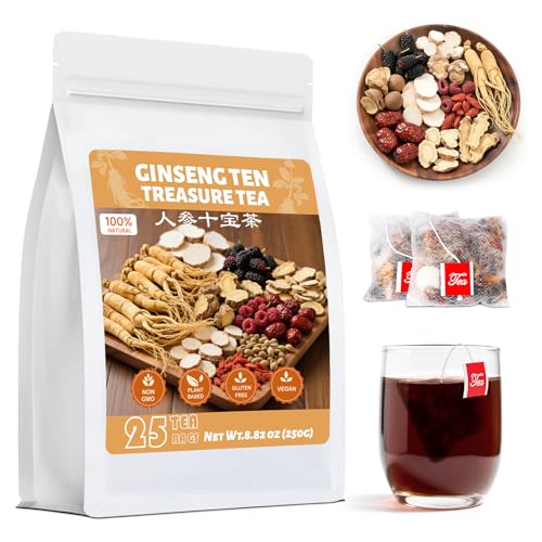 Ginseng Ten Treasures Kidney Tea, Natural Ginseng & Mulberry Herbal Tea kidney cleanse detox & repair Teabags for Men Women, 10 Precious Ingredients Formula (1 Pack/25 Bags)