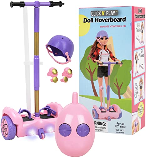 Click N' Play Scooter Set For 12" Dolls, Remote Control Pink Hoverboard With Helmet & Kneepad Accessories, Compatable With Barbies And Ken Dolls, Gifts For Girls Ages 3+, Girl Toys #TOP1
