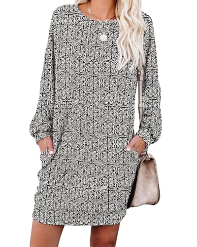 PrinStory Pulloverkleid Damen Elegant Freizeitkleider Lässig Rundhals Winterkleider Tuinc Tops Sweatkleid Mit Taschen (Schwarz-Weiße Blumen, XL)