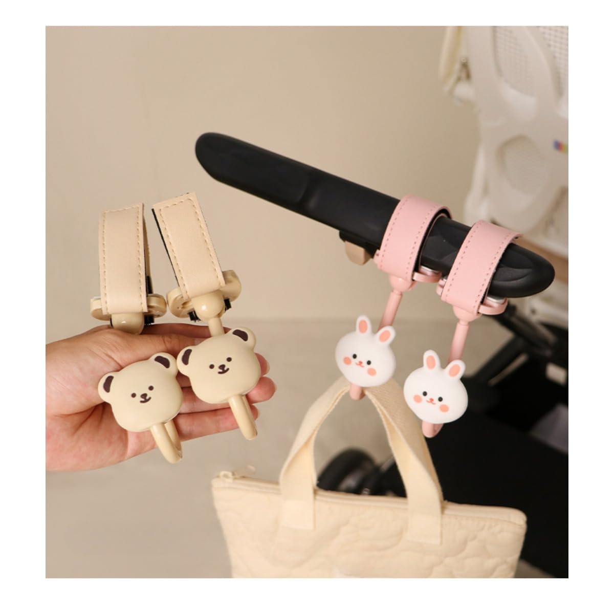 Lot de 2 crochets mignons pour accrocher des sacs à langer et des accessoires de poussette – Grands mousquetons (rose)