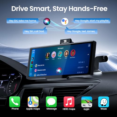 Image of TECXERLLON 10.26 inch Portable Apple CarPlay Screen for Car, Wireless Car Play & Android Auto, 4K Dash Cam and 1080P Backup Camera, OTA, GPS Navigation, Voice Control, Mirror Link