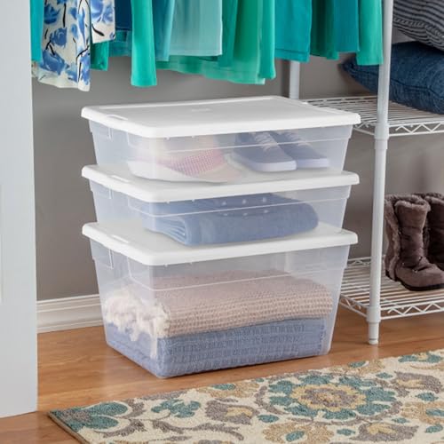 Image of Sterilite 40 Pack Storage Box, 28 Quart Stackable Tote, Clear Plastic Container with Secure Snapping Lids for Home and Office Organization, White