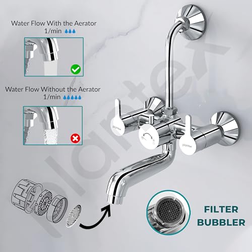 Image of Plantex Pure Brass Wall Mixer for Bathroom 2 in 1 with L-Bend Provision for Overhead Shower /Mixer Tap for Bathroom with Water Saving Nozzle Aerator - 7 Year Warranty by Plantex (Ore-1420, Chrome)