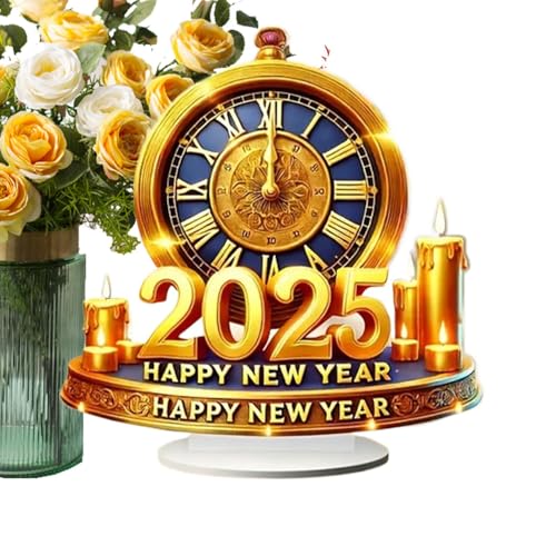 Estatua de reloj de feliz año nuevo 2025, adorno de reloj de decoración de mesa de año nuevo,Esculturas de reloj de acrílico 2D para decoración navideña | Decoraciones del Festival de Primavera Modelo