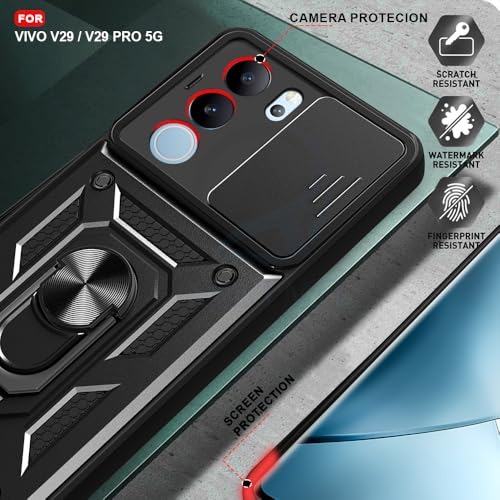 Image of AESTMO Tough Armor Vivo V29 / V29 Pro 5G Bumper Back Case Cover | Ring Holder & Sliding Camera Shield Cover | 360 Degree Protection Back Case Cover for Vivo V29 / V29 Pro (Black) - Polycarbonate
