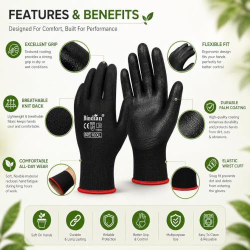 Image of Bindian Gardening Gloves for Men & Women | Heavy Duty Garden Gloves for Home Gardening, Farming & Agriculture | Durable Hand Gloves for Digging, Weeding, Planting & Outdoor Work (2 Pair Black)