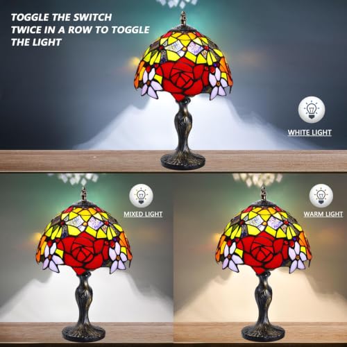 Image of Stained Glass Table Lamp,Stained Glass Crystal Bead Style Table Light,Handmade Desk Bedside Night Light,Antique Art Craft Gifts Lover Living Room Bedroom Bookcase (Peony)