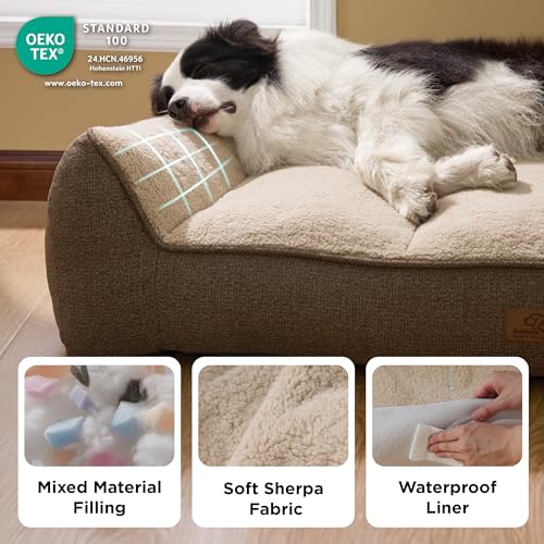 BEDSURE waschbares Hundebett Grosse Hunde - 106x76cm extra Dicke unterstützende Hundesofa mit wasserdichter Hülle, rutschfest Hundekorb große mit weichem plüsch Sherpa,braun