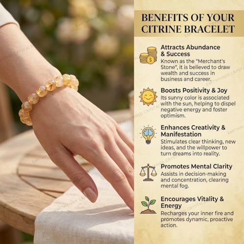 Image of Natural Citrine Bracelet for Men & Women | 8mm Round Beads Lab Certified Original Yellow Crystal Stone | Stretchable Gemstone for Wealth, Success & Manifestation