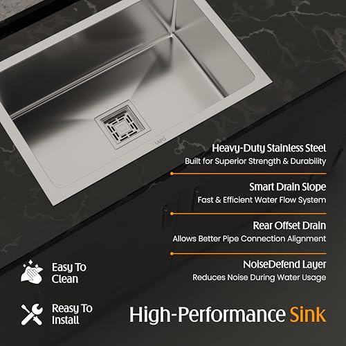 Image of LAPO Stainless Steel Sink for Modular Kitchen | 24x18x9 Inch Single Bowl Format | UV Safe Finish with Integrated Tap Cut-Out | Supplied with Waste Set & Drain Strainer | 20 Year Warranty (Silver Matt)