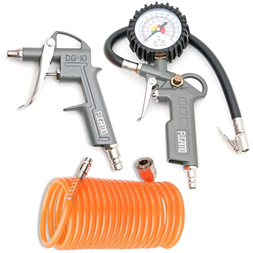 KFZ Druckluft Set 3-teilig Spiralschlauch 5 m bis 12 bar Reifenfüllmesser Ausblaspistole Cover