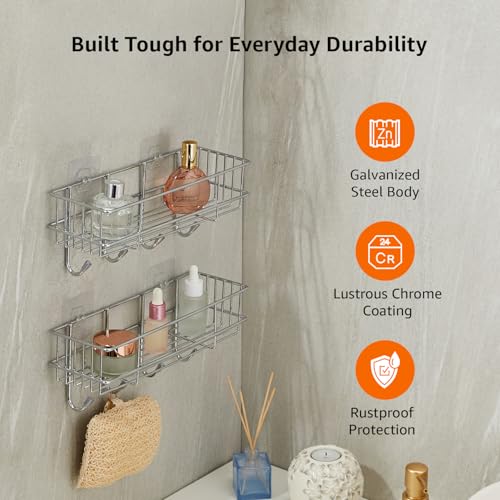 Image of Amazon Basics Self-Adhesive Wall Shelf - No-Drill Multipurpose Bathroom /Kitchen Organizer with Hooks and Towel Holder, Rust Proof GI Steel Organizer | Chrome, 28.2 x 9.8 x 11.5 cm, Pack of 3
