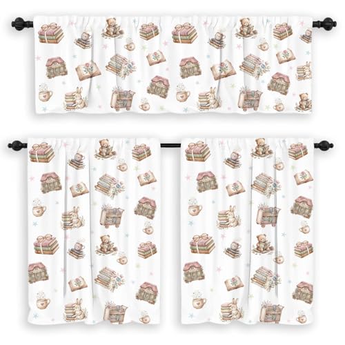 Book Lover Kitchen Curtains and Valances Set,3 Piece Cafe Curtains for Kitchen Windows,Books and Coffee Reading Nook Decor,Rod Pocket Short Tier Panels for Bathroom Bedroom Library
