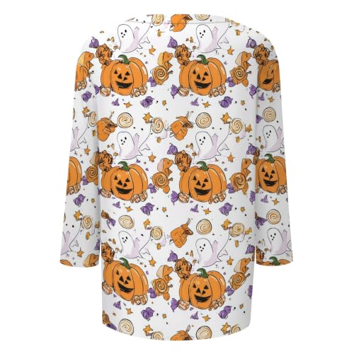 Image of Women Spooky Halloween Graphic Shirt 3 /4 Length Sleeve Crewneck Top | Halloween Funny Printed Pumpkin Plus Size Tshirts 2026 Fall Outfits Skeleton Tee Going Out Tops