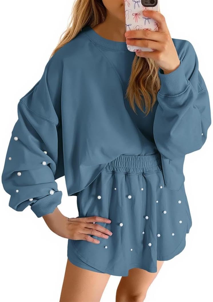 Women Two Piece Set Fall Outfits Sweatsuit Round Neck Sweat with Culottes Short Sets Casual Matching Set