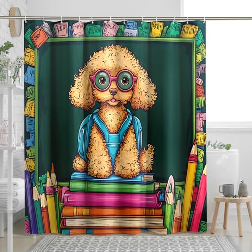 Juego de cortina de ducha con diseño de caniche con diseño de caniche y libros, para el regreso a clases, decoración de baño de clase divertida, patrón impreso de baño, 72 pulgadas