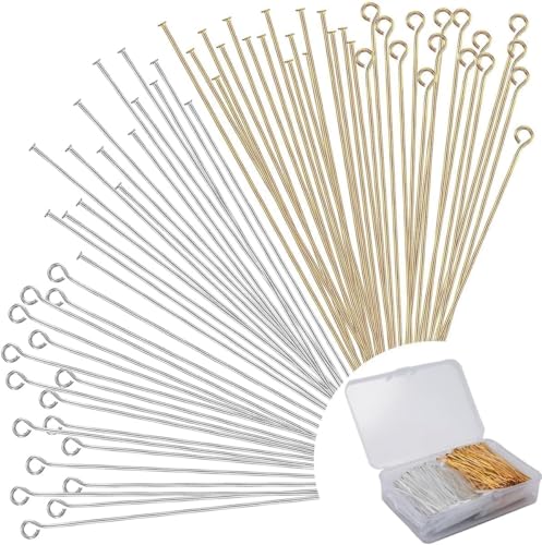600 Pieces 2 Inch Flat Head Pins Eye Pins for Jewelry Making DIY, Straight Head Eye Pins Gold and Sliver Jewelry Making Pin Metal End Headpins for Craft Earring Bracelet Necklace Pendant Supplies
