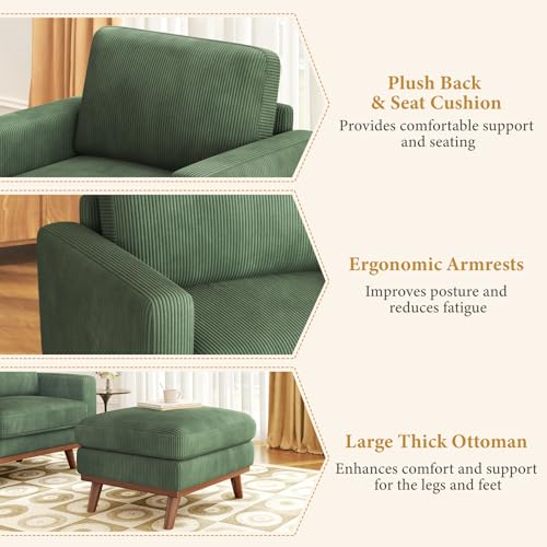 Image of Vesgantti 38.5 inch Accent Chair with Movable Ottoman, Comfy Corduroy Armchair with Spring Cushion, Reading Chair with Ottoman, Modern Single Sofa for Living Room, Bedroom and Apartment, Green