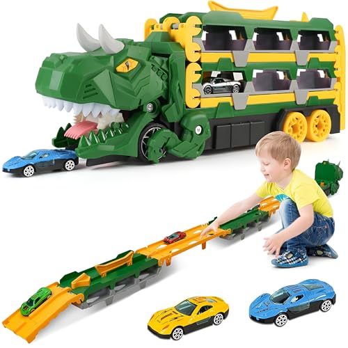Toyshine Big Hauler Storage & Deform Dinosaur Transport Truck Toy with 2 Foldable Ejection Race Track & 2 Pc Die cast Cars for Kids Boys Girls 3+ Years