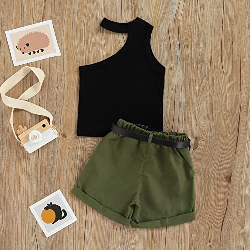 Goocheer Little Toddler Baby Girl Off Shoulder Knit Sleeveless T-Shirt Tank Vest Tops Shorts Pants +Belt Kids Summer Clothes Set (Black+Army Green, 1-2T) #TOP6