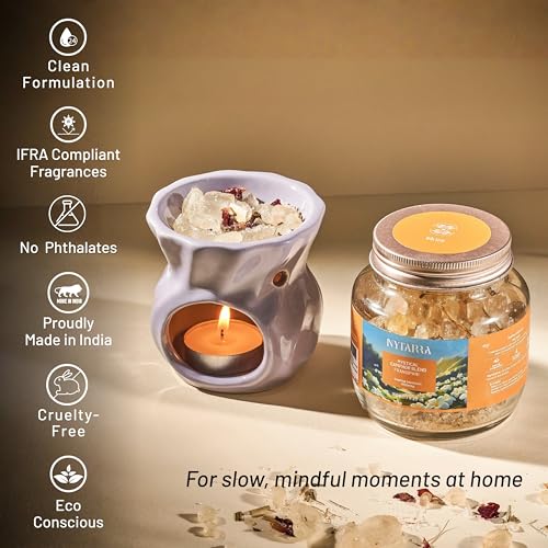 Image of Nytarra Mystical Camphor Blend Gift Box, Frangipani 150g | Ceramic Aroma Diffuser, Pure Kapooram, Tea Light Set Combo | for Meditation, Aromatherapy and Gifting | Kapoor Made with Herbs & Spices