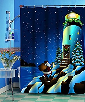 Carnation Homes Santa's Secret Lighthouse Christmas Fabric Shower Curtain 70 x 72
