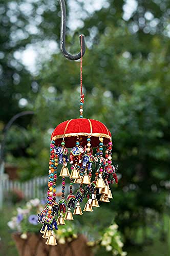 Image of Anupam Traditional Rajasthani Handicrafts Handmade Red Color Decorative Elephant Umbrella Wall & Door Hangings with Beads & Brass Bell Strings for Home Decoration & Gifting Purpose