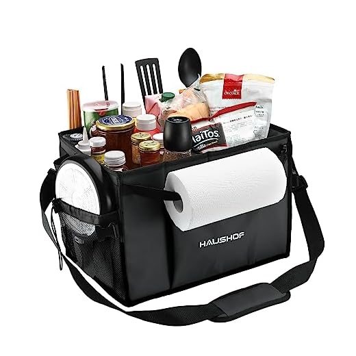 HAUSHOF Large Grill and Picnic Caddy with Paper Towel Holder, Condiment Pocket, Foldable BBQ Organizer Easy Carry Griddle Caddy for Camping, RV, Outdoor Waterproof Oxford Cloth (Black)