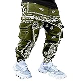 Moxiu Men's Pant Men's Hippie Boho Baggy Trousers for Men Hip Hop Paisley Printed Loose Popular Streetwear Jogger Pants Army Green XX-Large