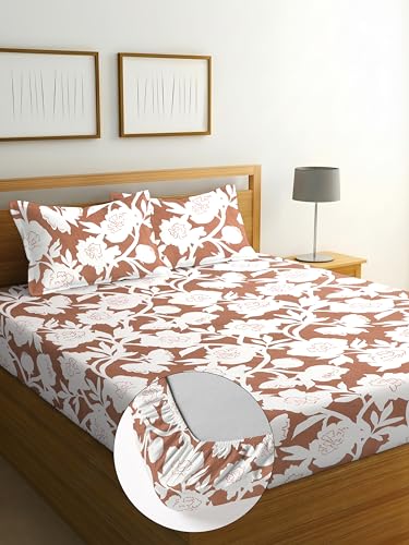 Image of Elastic Fitted Bedsheet with 2 King Size Pillow Covers, Double Bed, All Around Elastic, Floral, 72x78x8 Inches (Brown Flower, Double)