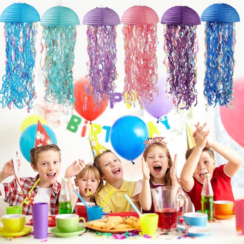 Image of 6pcs Mermaid Birthday Decoration, Jellyfish Paper Lamp, 10 Inch Pink Purple Blue Pink Pendant Lamp, Mermaid Baby Bath Theme, Under The Ocean Birthday Party Decoration, KSUS-34