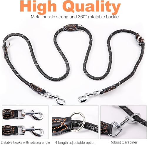 Trhillsbrad Hundeleine 5m x 10mm, 208g, Verstellbare hundeleine jeden Hund, Multifunktionsleine Doppelleine Umhängeleine robust, schwarz