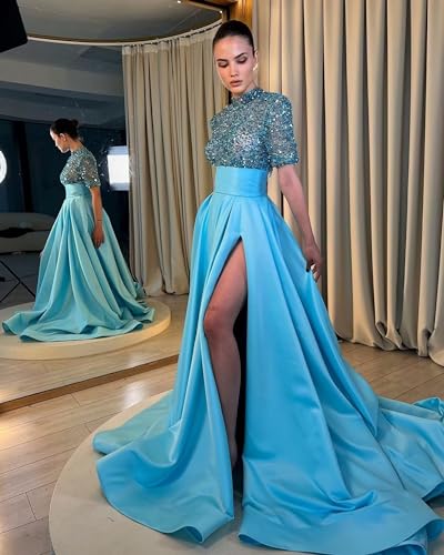 Fair Lady Sequin Prom Dresses for Women 2025 Sparkly Half Sleeves High Neck A Line Satin Formal Evening Ball Gowns with Slit - Image 5