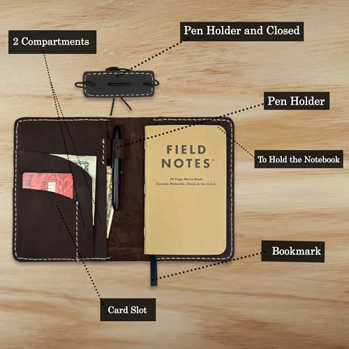 Thot Ra Leather Cover for Field Notes, Passport Cover, Leather Notebook Cover for 3.5" x 5.5" with Pen Holder, Only Cover (Dark Brown)3