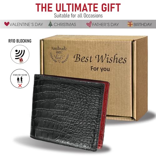 Image of HATA Men Leather Bifold Wallet RFID Blocking Front Pocket Exotic Billfold Handmade Gift For Birthday Wedding Anniversary Father's Day