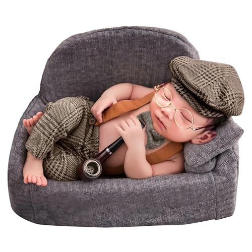 Image of SPOKKI 4 Pcs Newborn Baby Photo Props, Lattice Rompers Suspender Pants with Beret Glasses Bow Tie for Infant Boys' Costumes, Newborn Boy Photography Outfit Set, Checked Fabric Gentleman Suit (Brown)