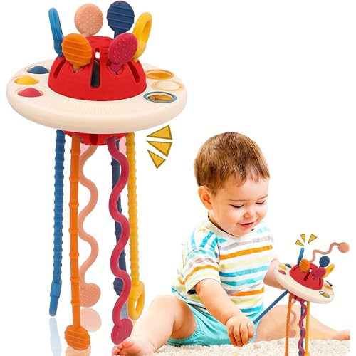 VIVATRA Montessori Teething Toy Set for Toddlers – Food-Grade Pull String, Perfect for 6+ Months Babies, Boys & Girls, Learning & Skills Development Toys, Travel-Friendly (UFO, Red)