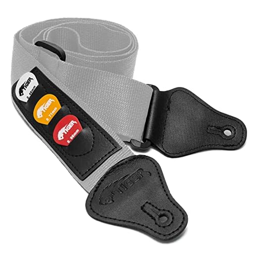 Tiger Correa de guitarra con soportes de púa, Estándar, Gris