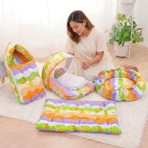 Image of Fareto Combo of Baby Nest | Net with Bed | Carry Bag | 4 Pcs Bedding Set(0-6 Months) (Fullset Nest) (New Star Orange)